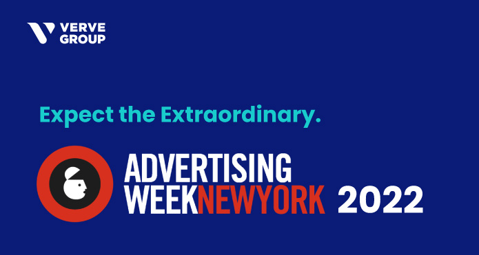 Advertising Week New York's red and white logo over Verve's bold blue background.