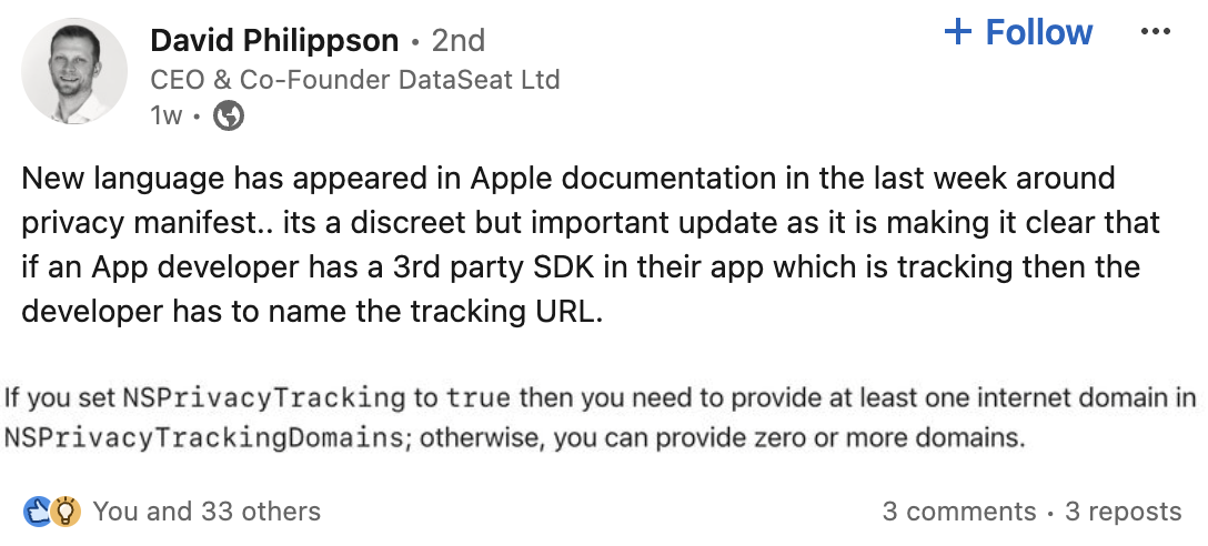 If app developers use a tracking third-party SDK like an MMP in their app, then the developer has to name the tracking URL in the privacy manifest