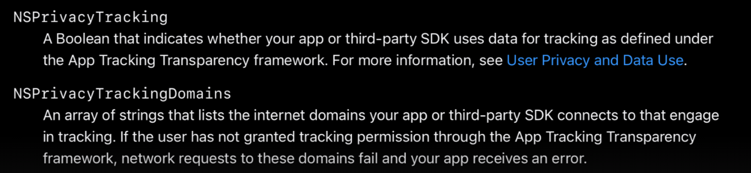 Most developers will use the disk space API before pushing an update. In this case the developer needs a privacy manifest and they will need to include NSPrivacyTracking and NSPrivacyTrackingDomains: