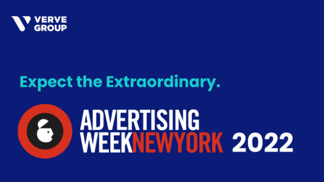 Advertising Week New York's red and white logo over Verve's bold blue background.