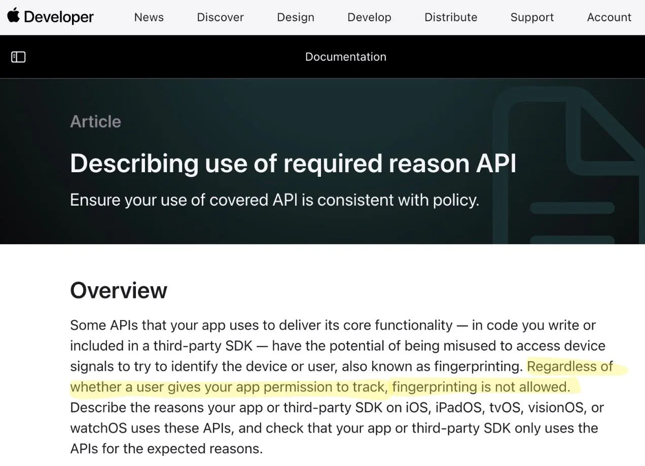 Describing use of required reason API: Regardless of whether a user gives your app permission to track, fingerprinting is not allowed.